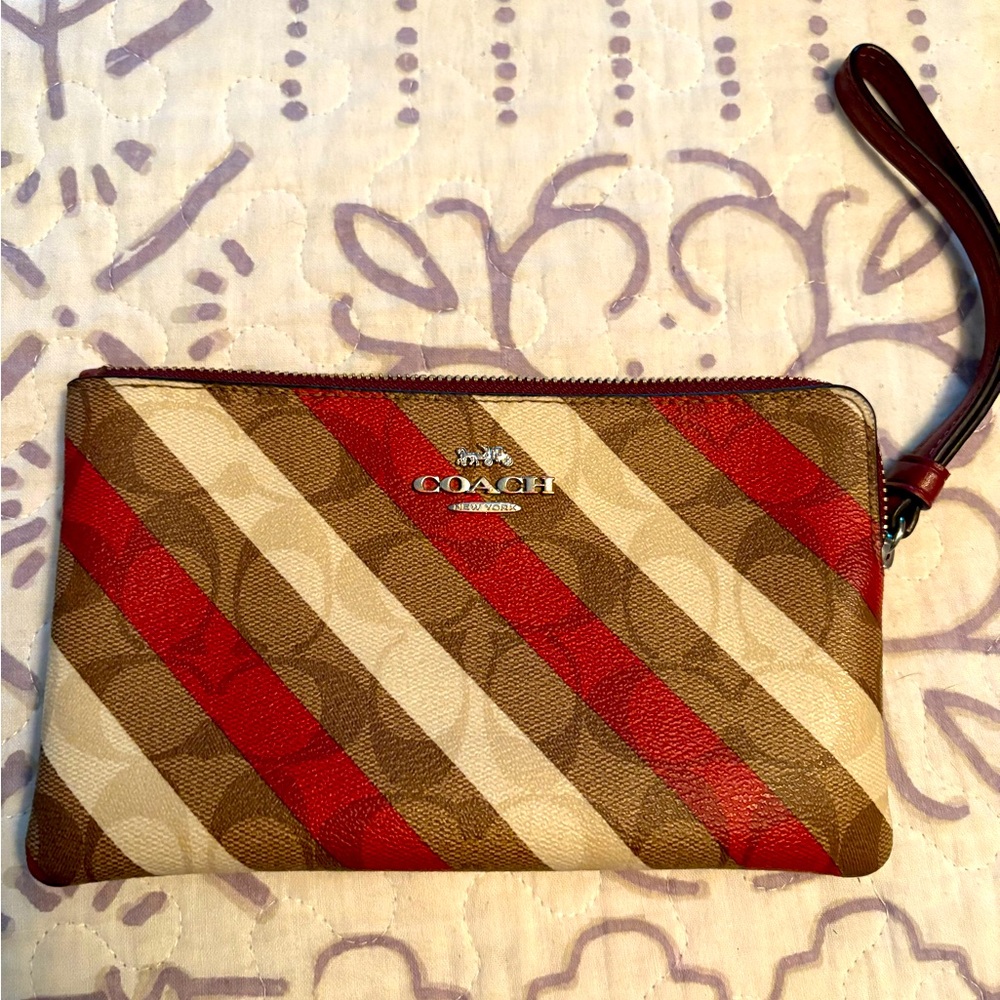 Coach Red and Brown Diagonal Stripe Wristlet